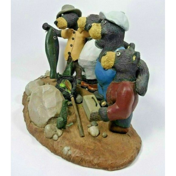 4 Bear Buddies Group Catch Fishing Stoneware Figurine Fish Basket Fisherman - Picture 4 of 4